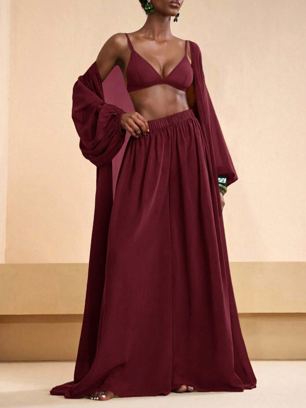 Burgundy Casual Women's Robe And Wide Leg Pants Cover Up Set